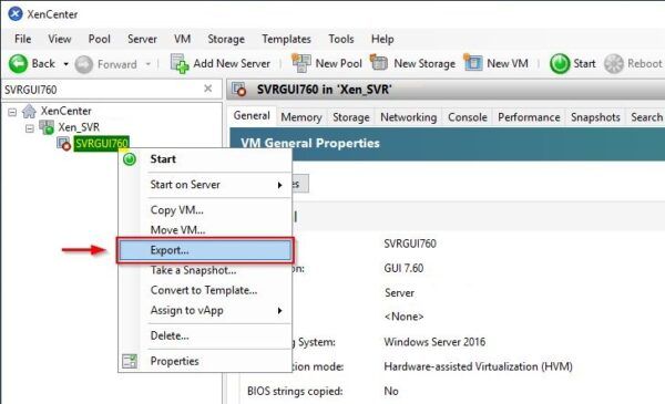 Export the selected VM