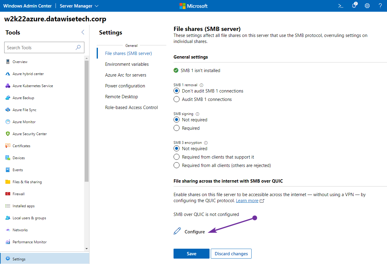 Figure 2: Configuring SMB over QUIC is straightforward in Windows Admin Center.