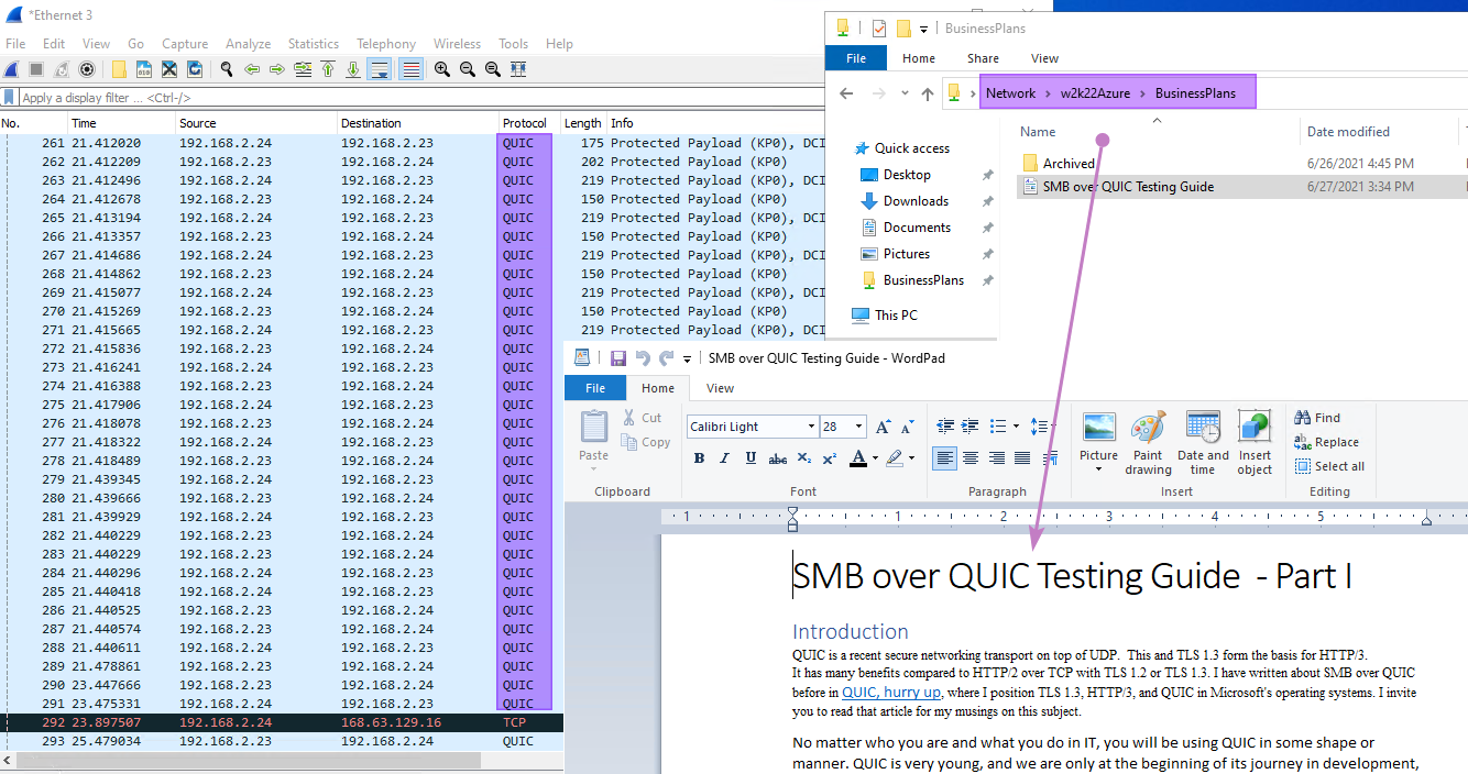 Figure 11: We blocked TCP/445 on the files server to demo QUIC inside the corporate network.