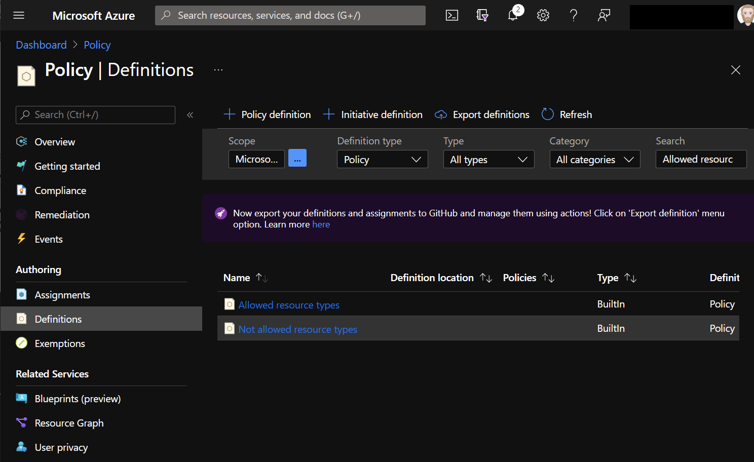 Azure Portal - Policy - Allowed Resources 