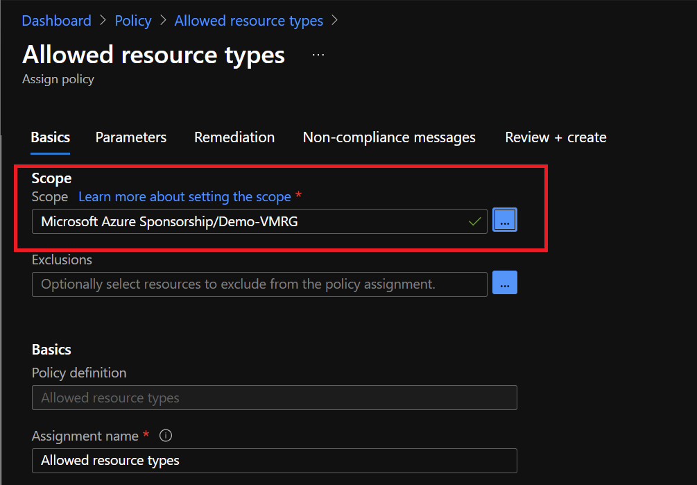 Azure Portal - Policy - Allowed Resource Types - Scope