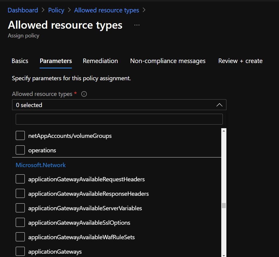 Azure Portal - Policy - Allowed Resource Types - Parameters 