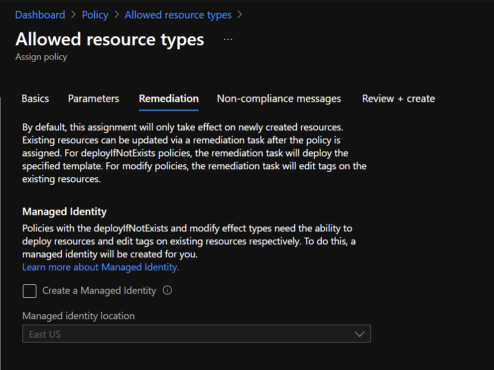 Azure Portal - Policy - Allowed Resource Types - Remediation 