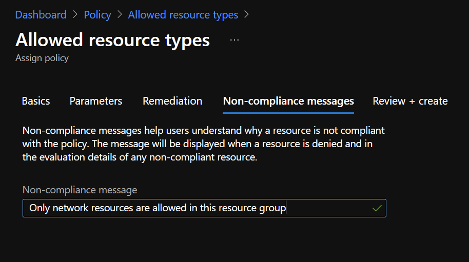 Azure Portal - Policy - Allowed Resource Types - Non-Compliance Messages 