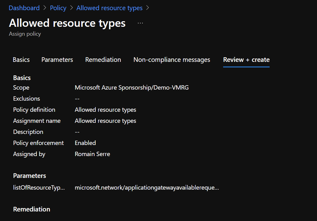 Azure Portal - Policy - Allowed Resource Types - Review and Create 