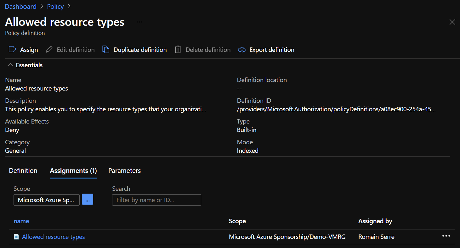 Azure Portal - Policy - Allowed Resource Types - Assignments 