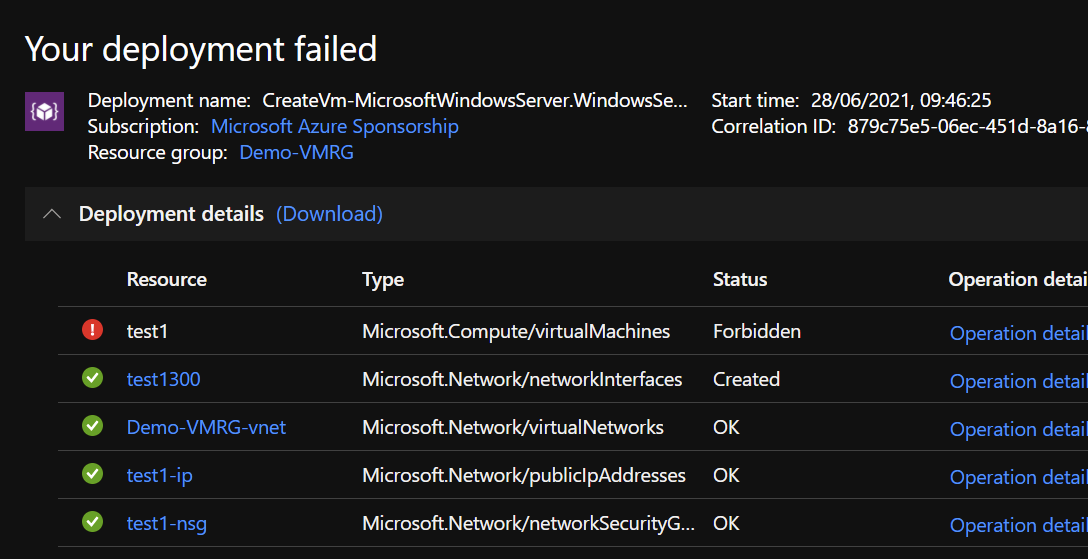 Microsoft Azure - Creation of a VM is forbidden 