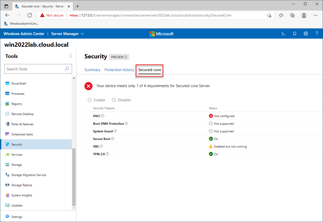 Viewing the Secured-core configuration in Windows Server 2022 with Windows Admin Center