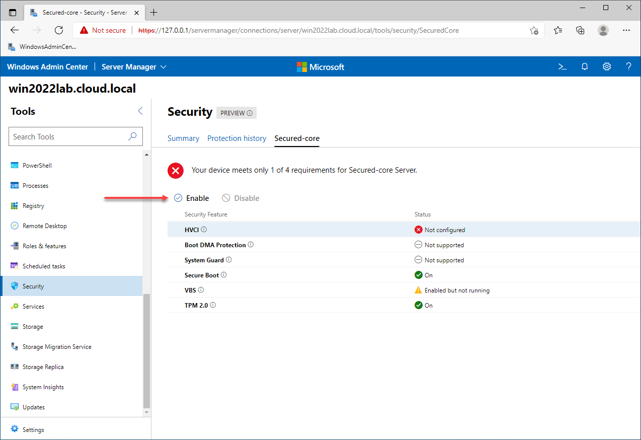 Enable missing Secured-core configuration in one click with Windows Admin Center