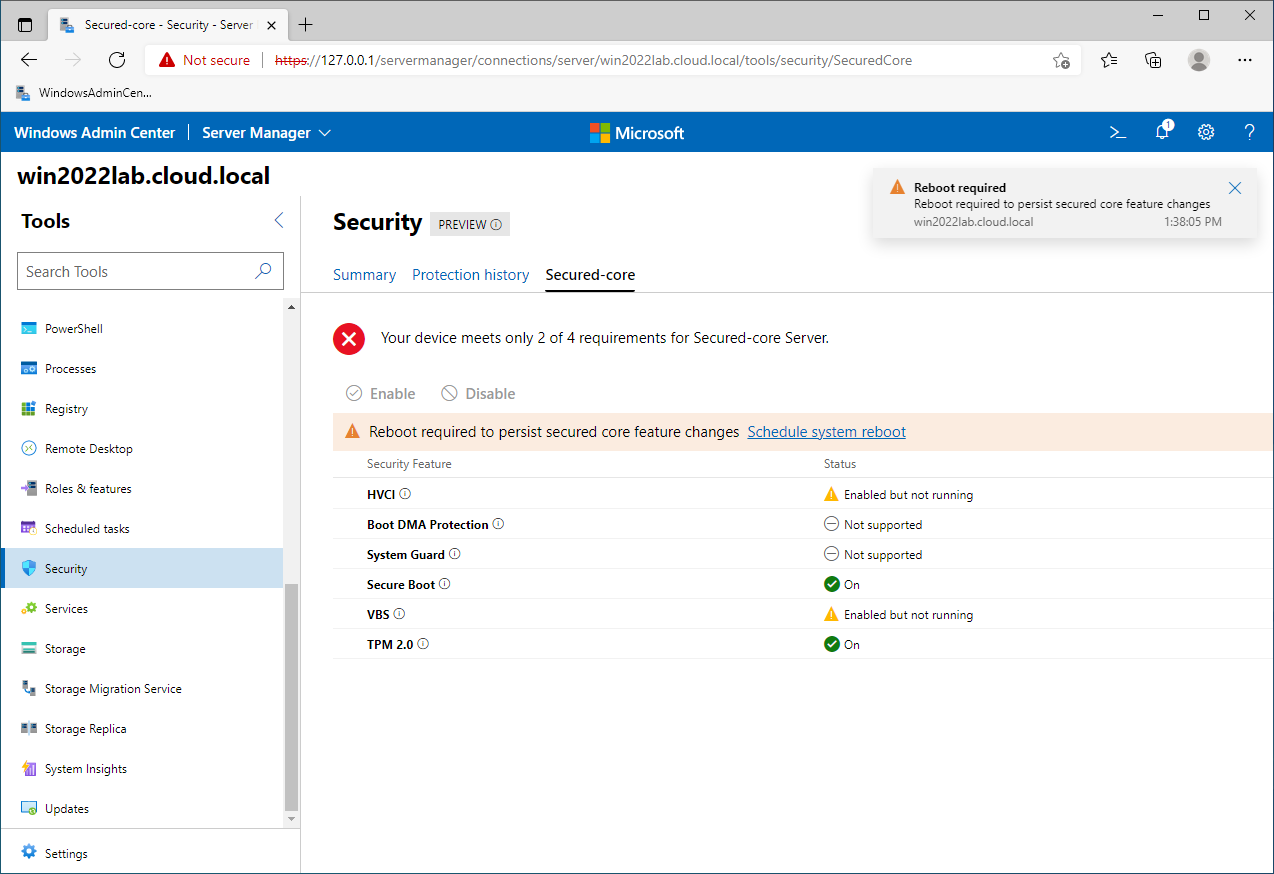 Windows Admin Center finalizing Secured-core configuration