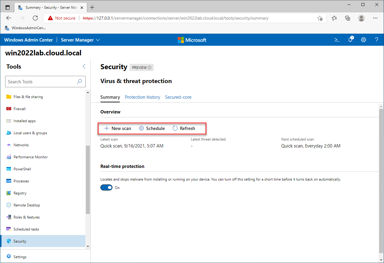 Windows Admin Center provides visibility to built-in Windows Defender scans