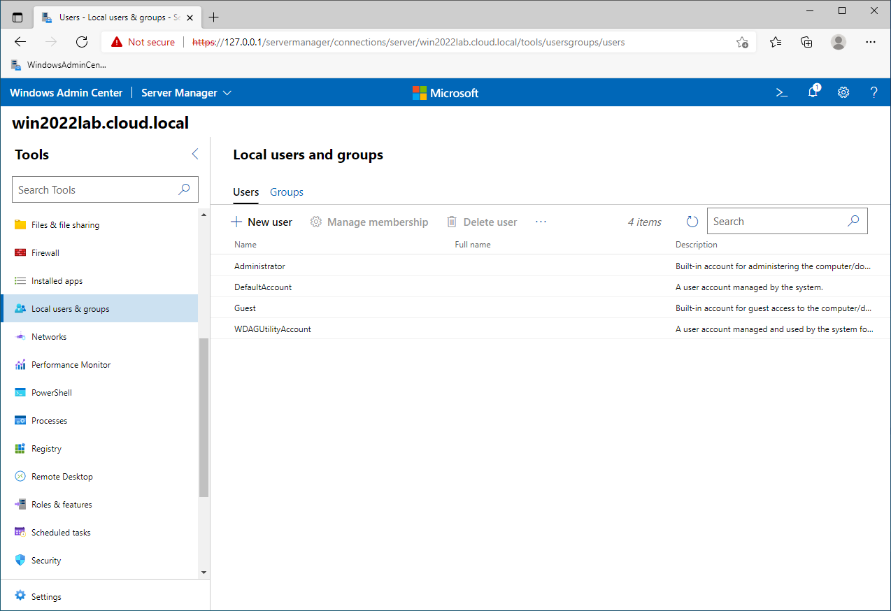 Manage Windows Server 2022 Local Users and Groups in Windows Admin Center