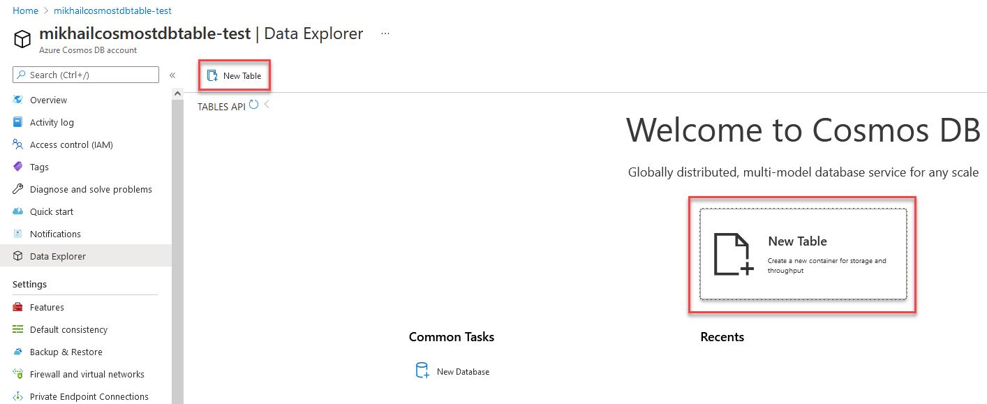 Azure Cosmos DB Data Explorer – Create Table