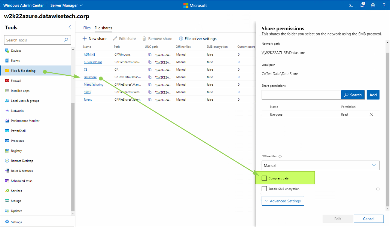 Using Windows Admin Center to manage the SMB compression setting on a file share