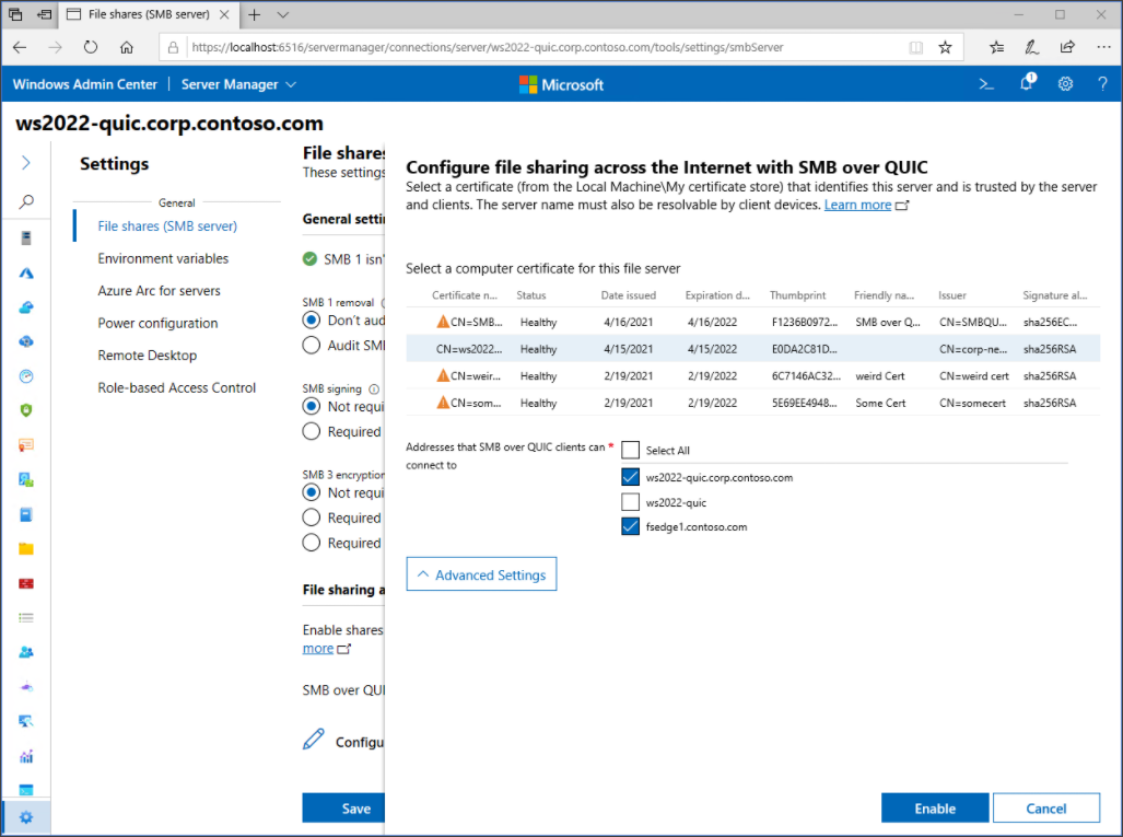 Selecting the certificates for SMB over QUIC