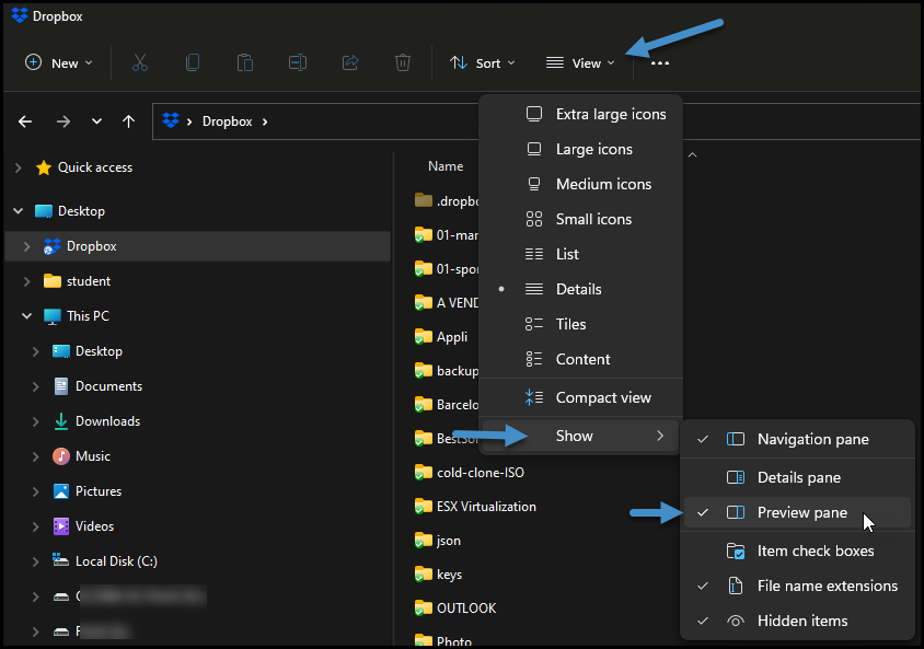 Show preview pane settings in Windows Explorer