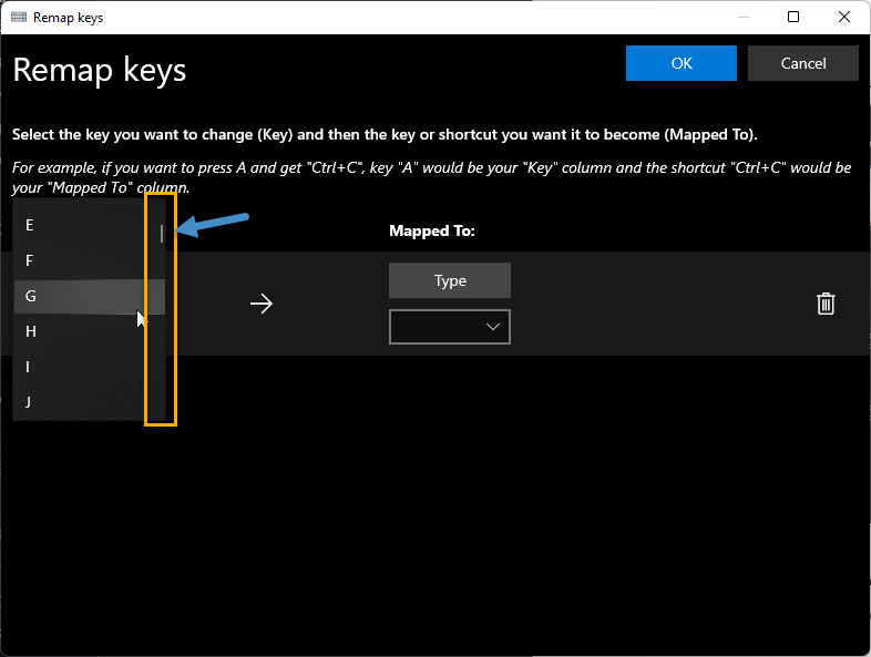 Click the drop-down menu and scroll mouse for your key