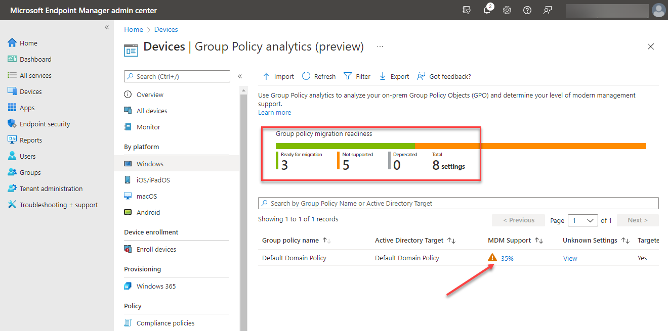 Group Policy Analytics report of compatible Group Policy settings