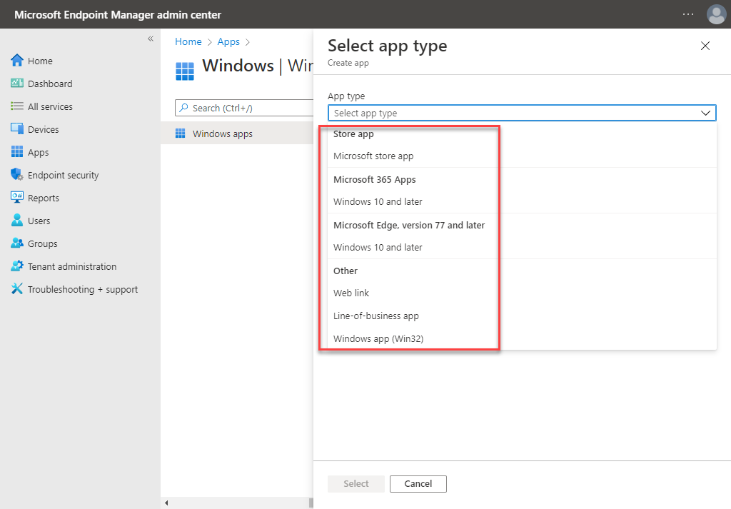 Select apps for installation in Microsoft Endpoint Manager