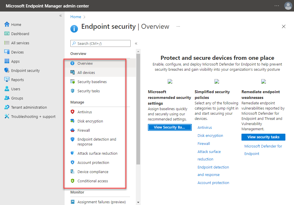 Microsoft Endpoint Manager Endpoint Security options