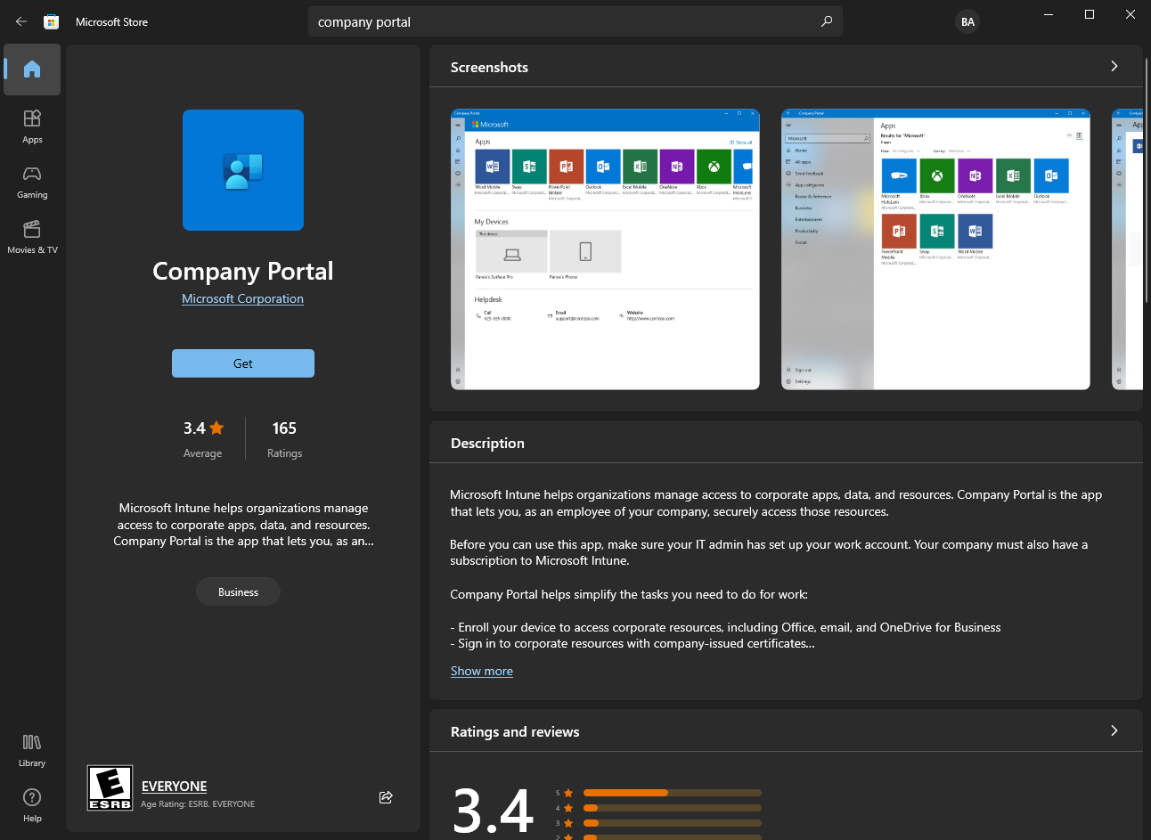 Viewing the Company Portal App in the Microsoft Store