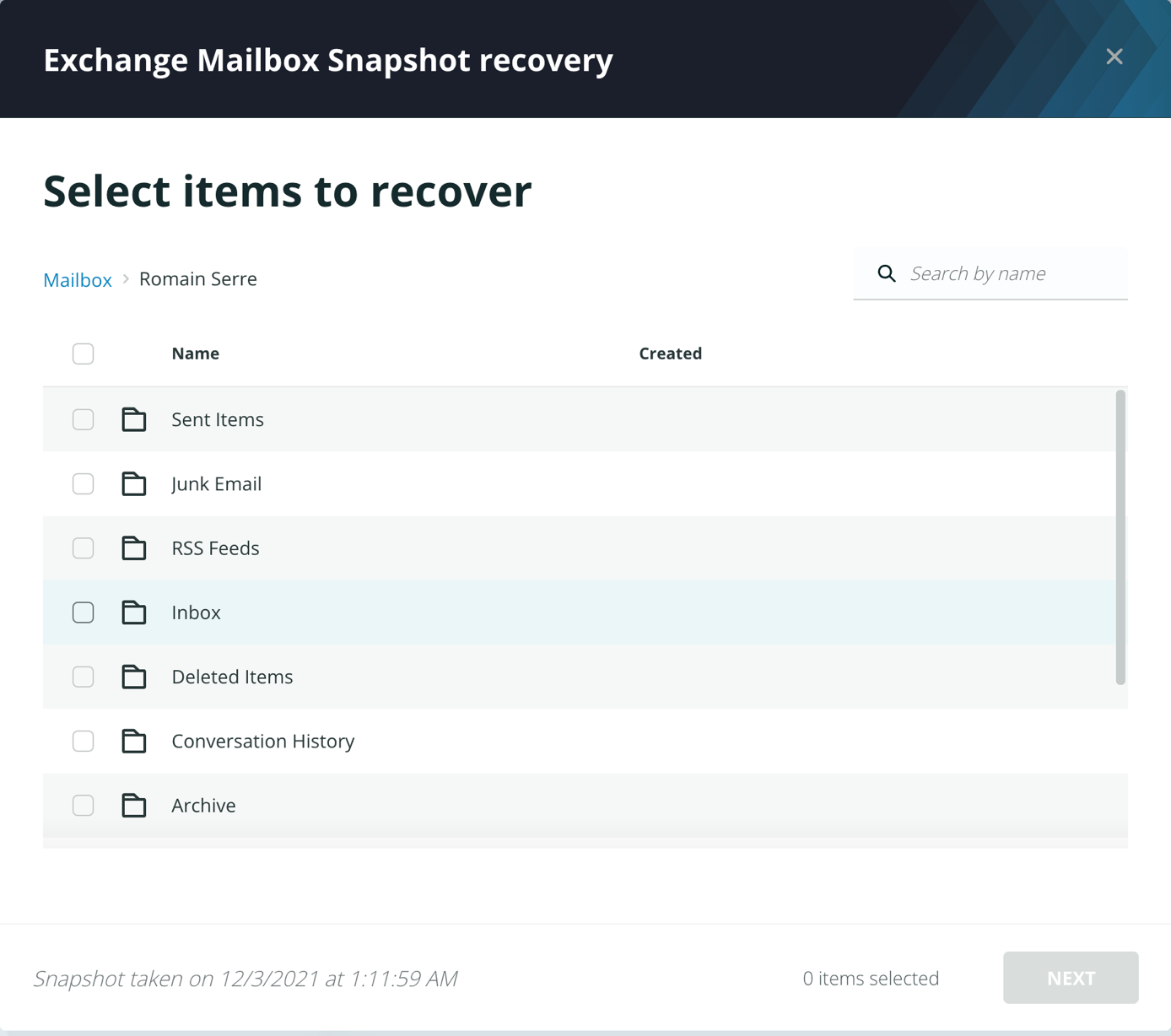 Exchange Mailbox Snapshot recovery