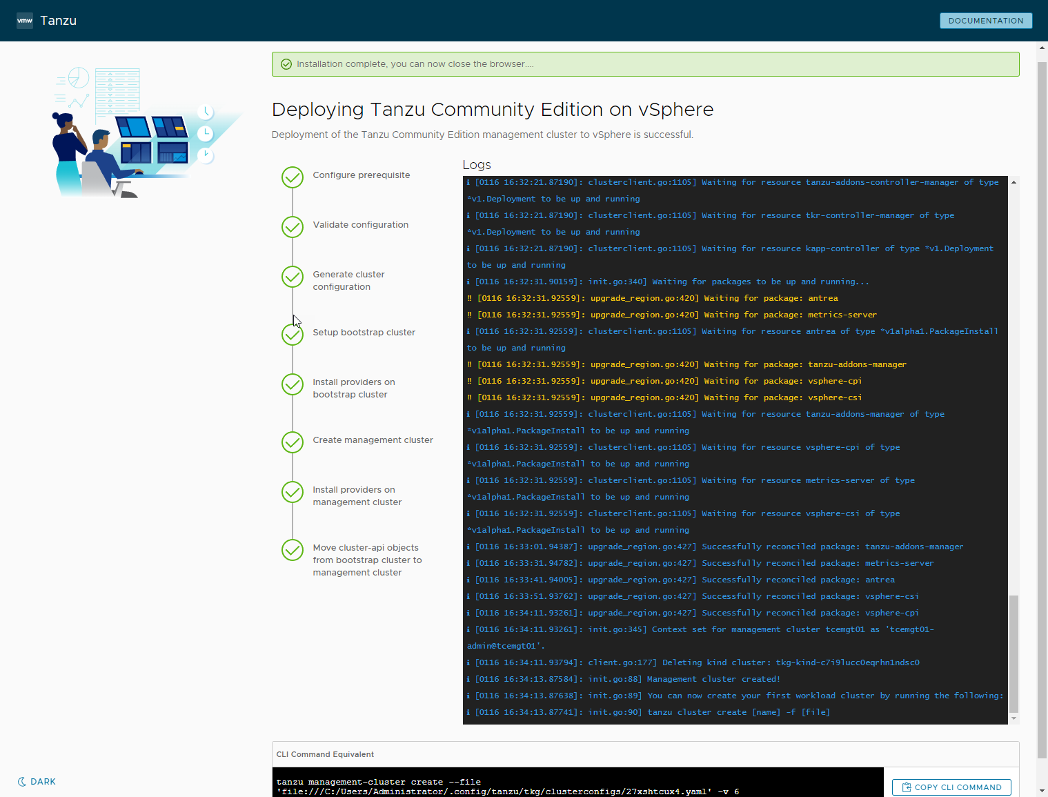 The Tanzu Community Edition management cluster deployment completes successfully