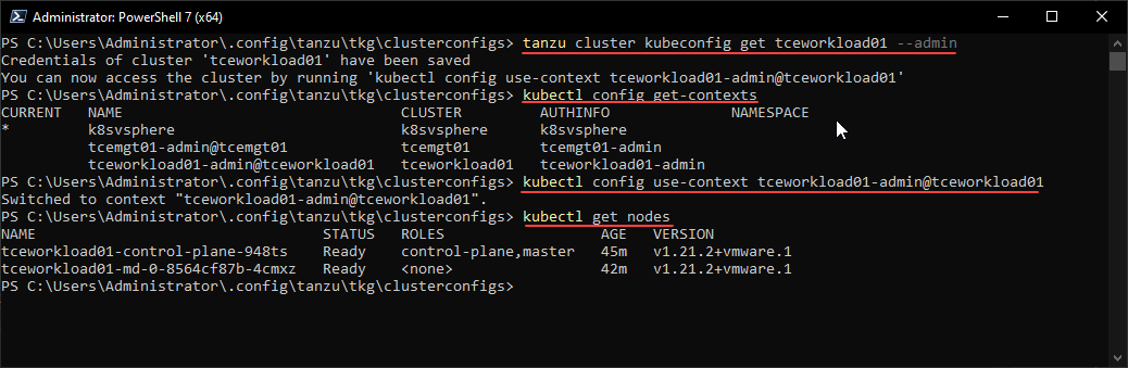 Changing context and connecting to the Tanzu Community Edition workload cluster