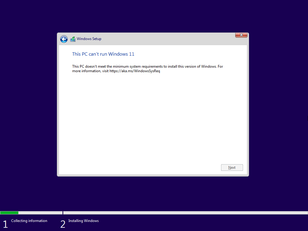 The Windows 11 installer blocking the install because the system requirements check failed.- img The Windows 11 installer blocking the install because the system requirements check failed.
