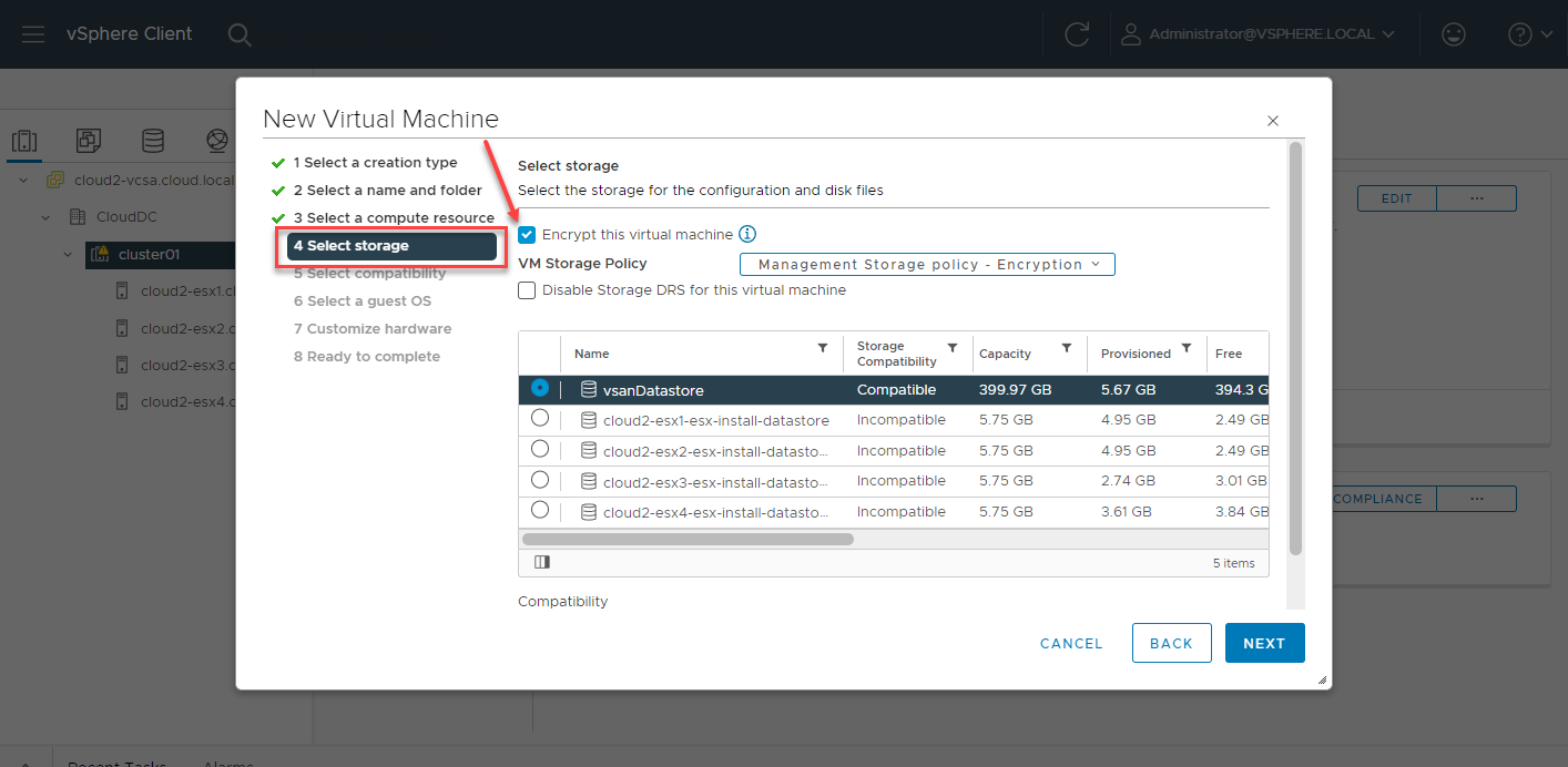 Enabling VM encryption on the storage step.- img Enabling VM encryption on the storage step.