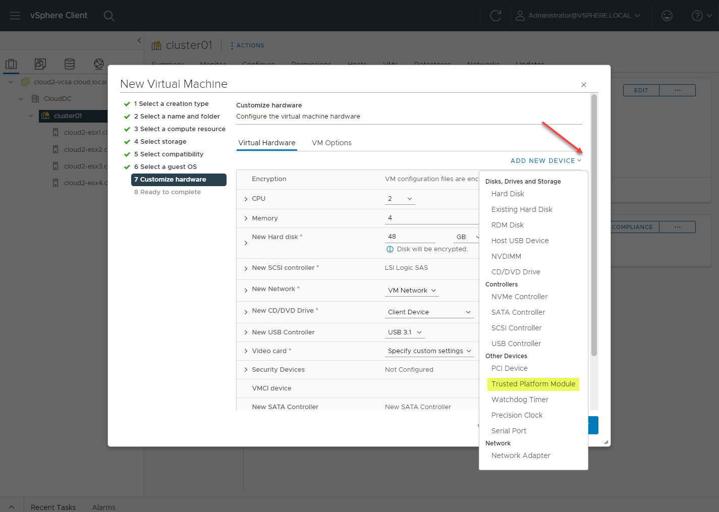 Adding a vTPM device to the new VM.- img Adding a vTPM device to the new VM.