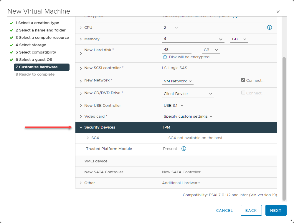 vTPM successfully attached - listed under Security Devices.- img vTPM successfully attached - listed under Security Devices.
