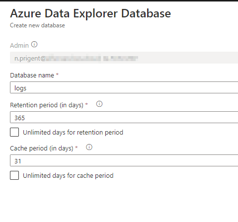Enter the database name and the retention period