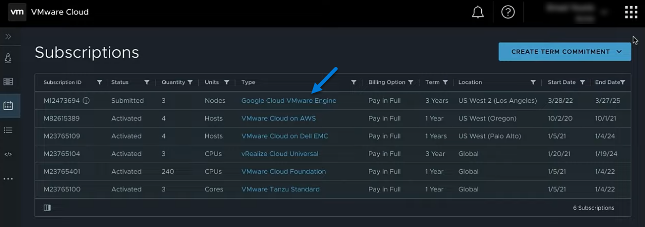 Click the link to the Google Cloud VMware Engine