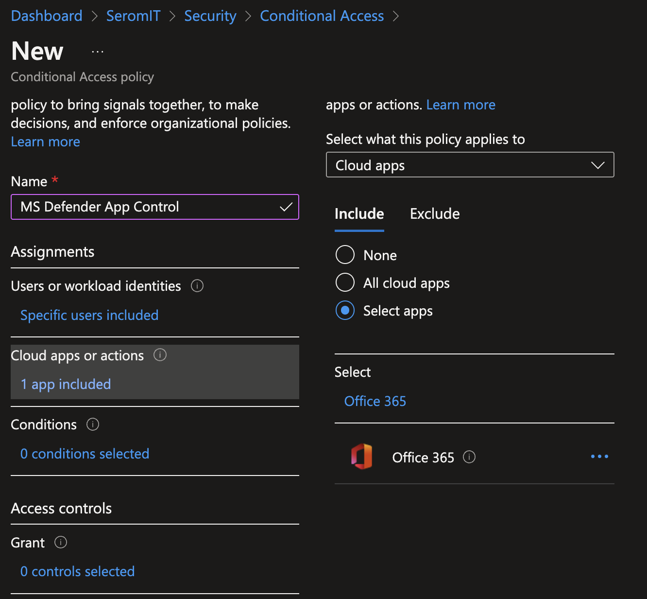 In Cloud Apps or Actions, select Office 365