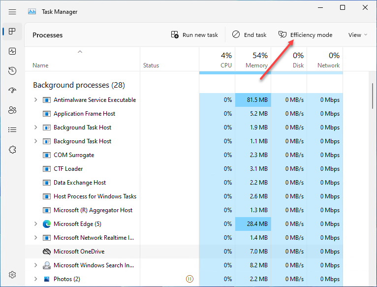 New Windows 11 22H2 Task Manager styling and Efficiency mode