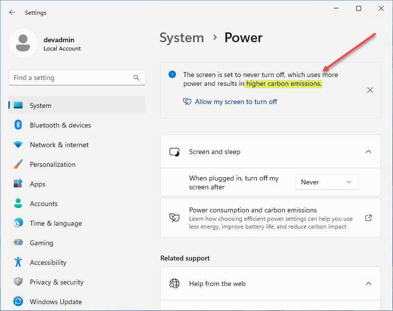 Changing the Power configuration in Windows 11 22H2