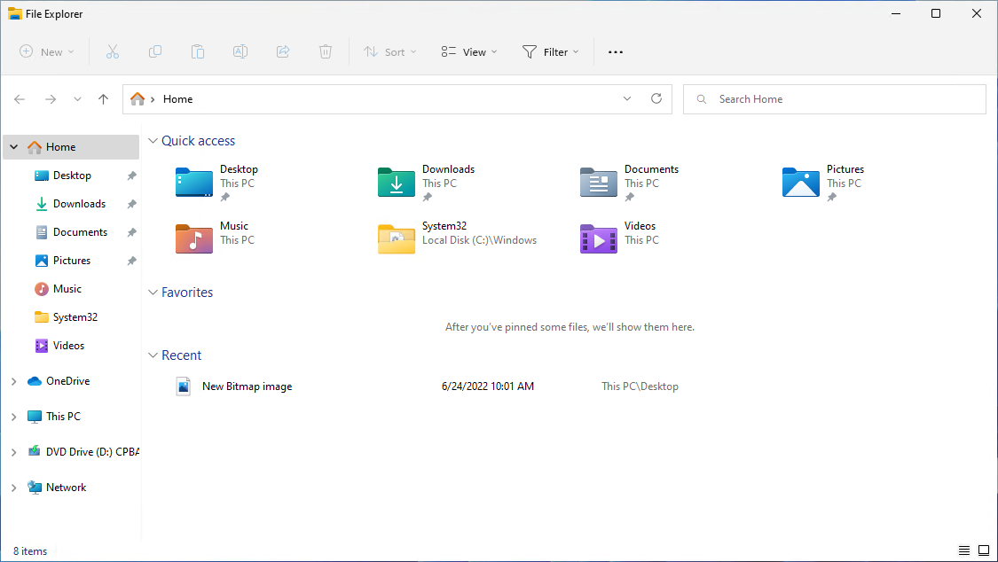 New Home screen in the Windows 11 22H2 File Explorer