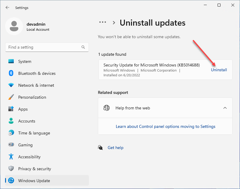 Viewing the new Uninstall Updates capabilities in Windows 11 22H2
