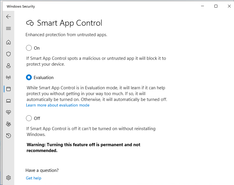 Viewing Smart App Control settings in Windows 11 22H2