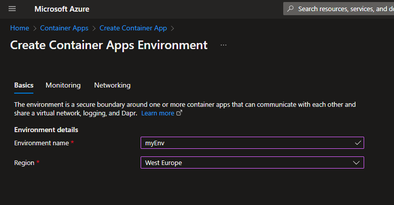 Create container apps environment