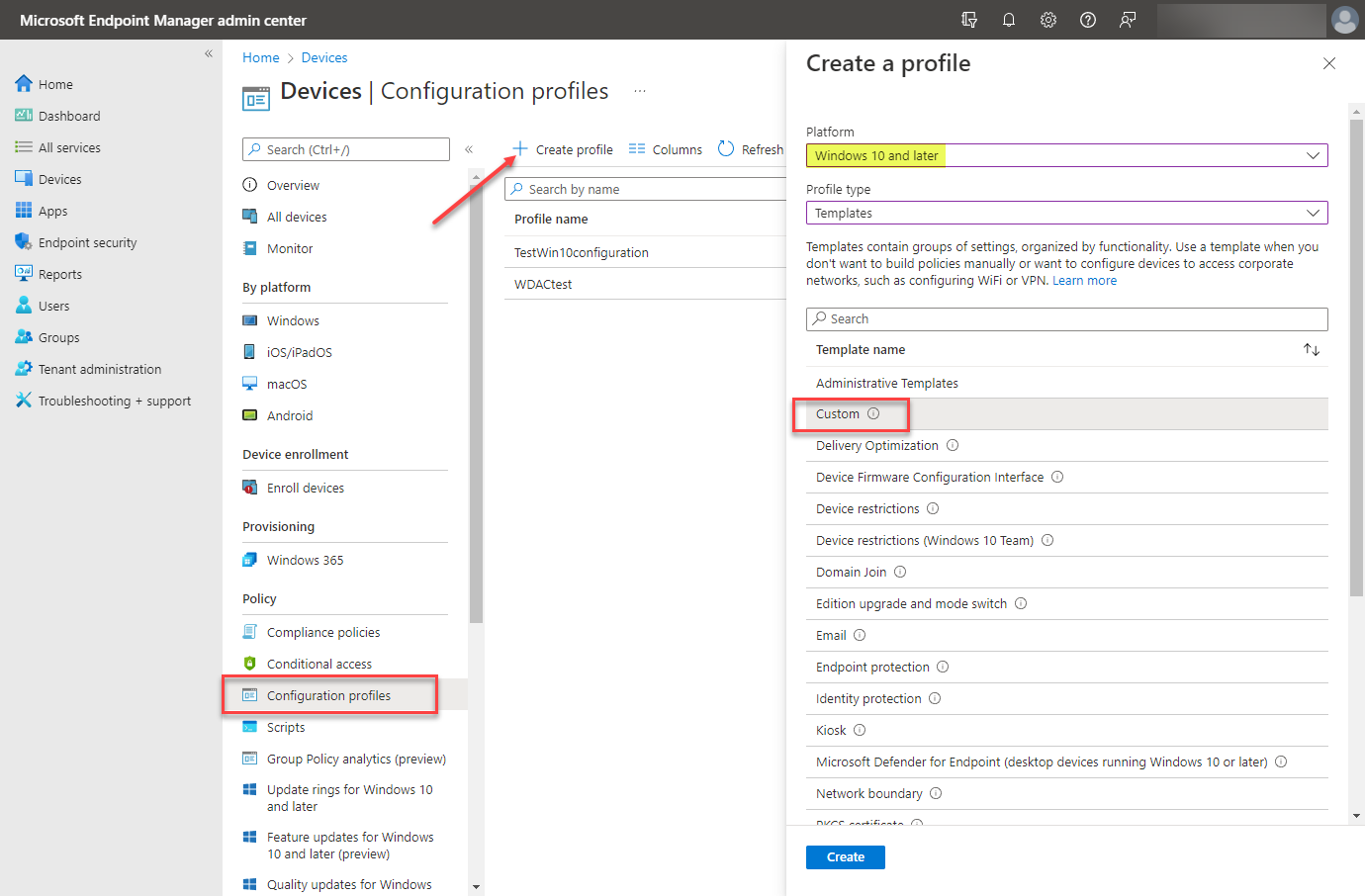 Beginning the process of creating a new configuration profile for secured-core PC configuration lock