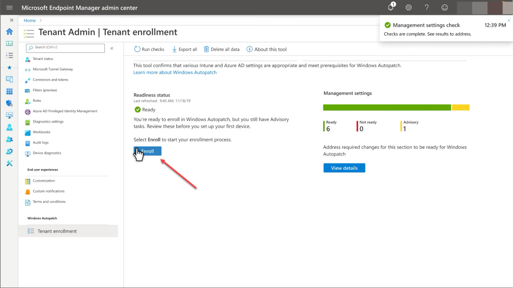 Click the Enroll button to enroll in Windows Autopatch