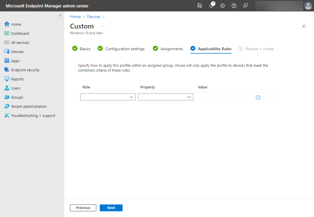 Applicability rules in the new configuration profile
