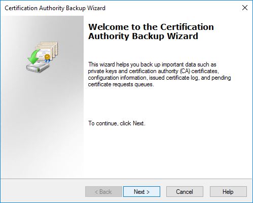 The Certification Authority Backup Wizard opens