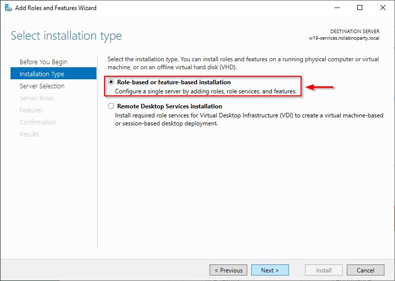 Select Role-based or feature-based installation option