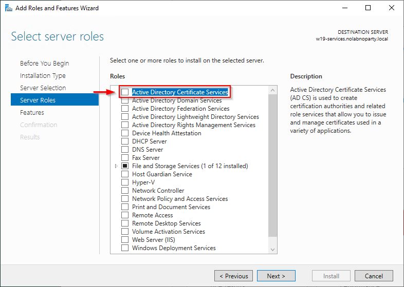 Select the Active Directory Certificate Services role