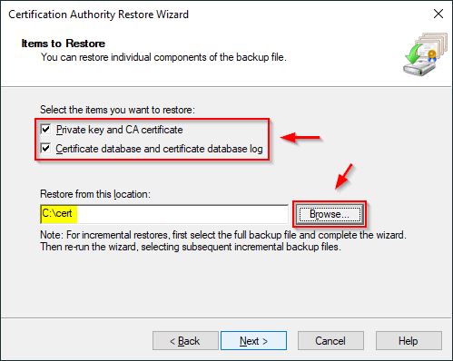 Select both Private key and CA certificate and Certificate database and certificate database log options