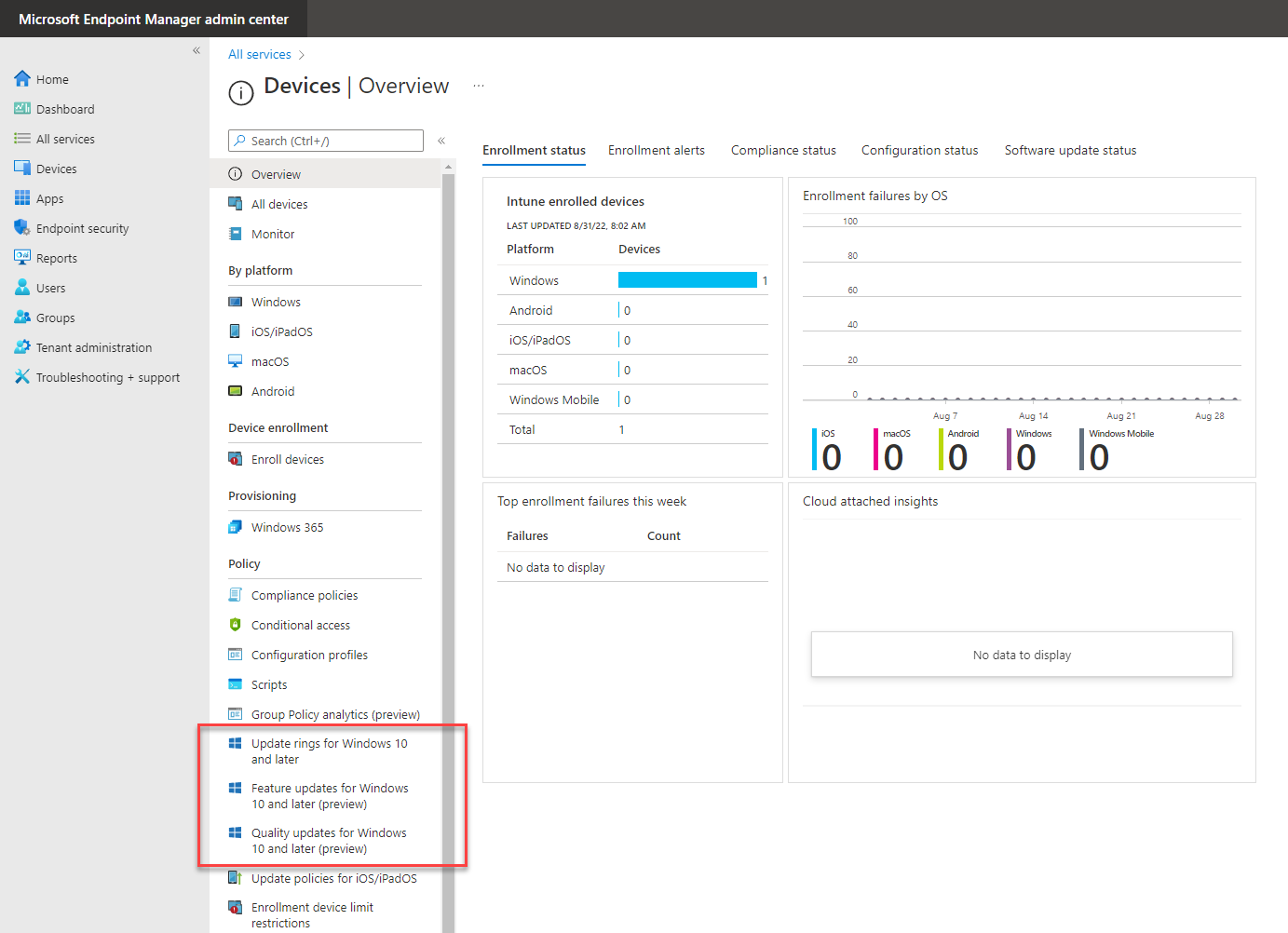 Viewing update settings in Microsoft Intune as part of Microsoft Endpoint Manager