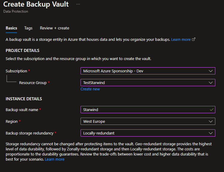 Create Backup Vault